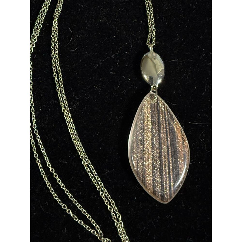 LOFT Silver Tone Necklace Clear Acrylic Pendant Rose Gold Dust 34 in